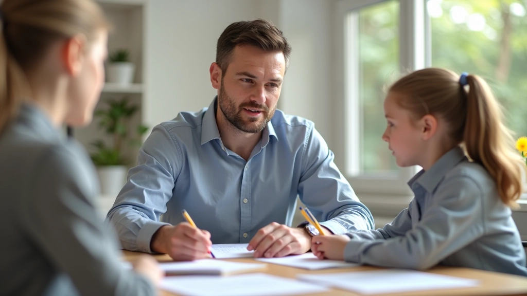 Nachhilfelehrer erklärt einem Schüler Mathematik an einem Schreibtisch mit Arbeitsblättern