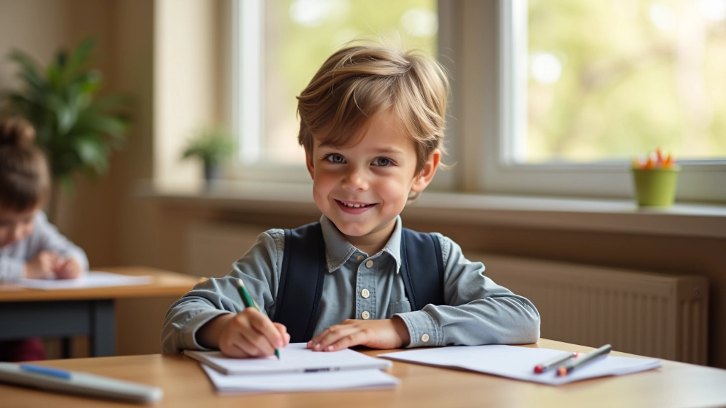 Schulkind sitzt am Schreibtisch mit Schulbedarf wie Rucksack, Heften und Stiften