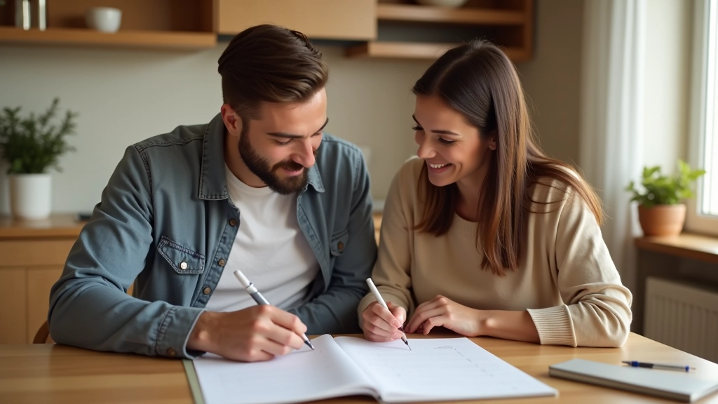 Eltern sitzen zusammen und planen mit Kalender und Notizbuch die Elternzeitaufteilung