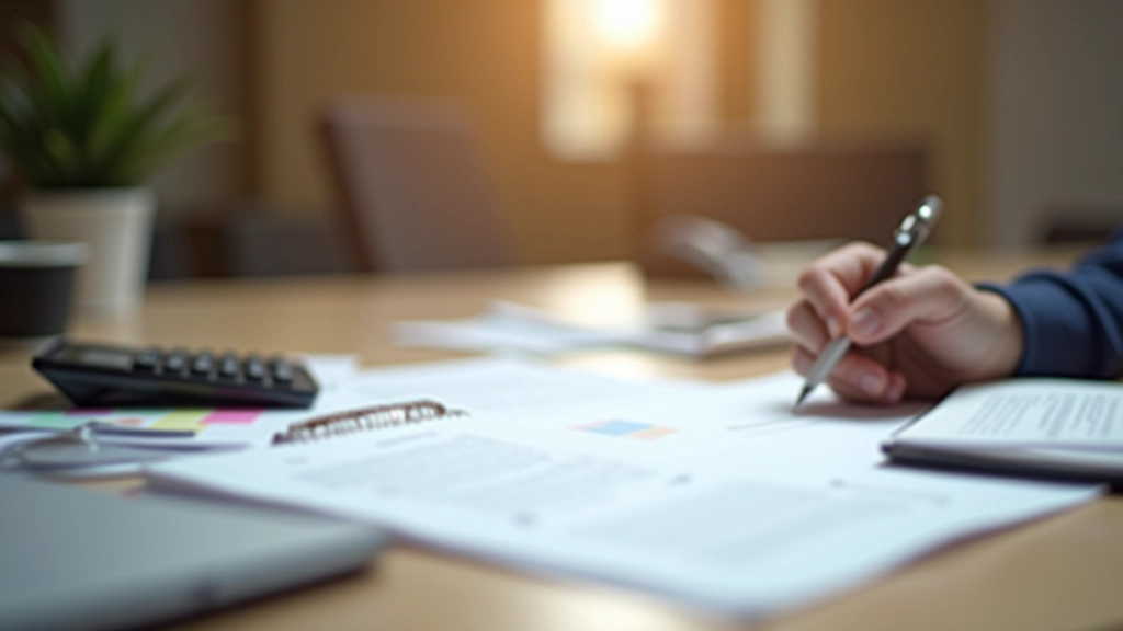 Schreibtisch mit Dokumenten, Notizen und Kaffeetasse, organisierte Workspace für Finanzplanung