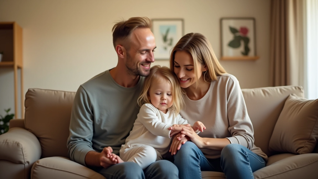 Eltern und Kind in warmem Wohnzimmer, gemeinsame Zeit, professionelle Fotografie