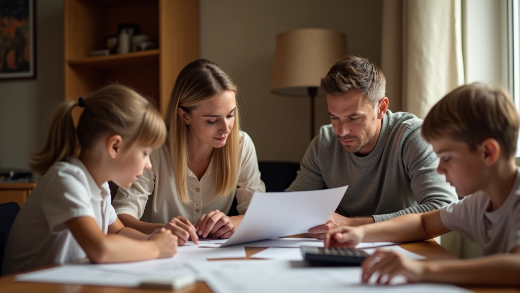 Eltern und zwei Schulkinder sitzen am Esstisch, Unterlagen und Taschenrechner sichtbar
