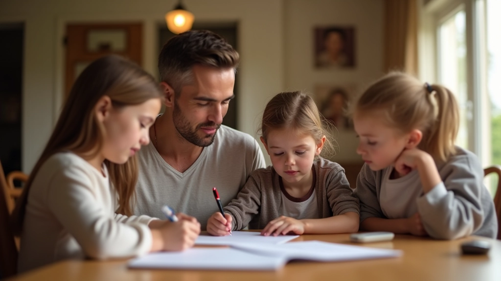 Eltern mit Kindern am Esstisch mit Dokumenten
