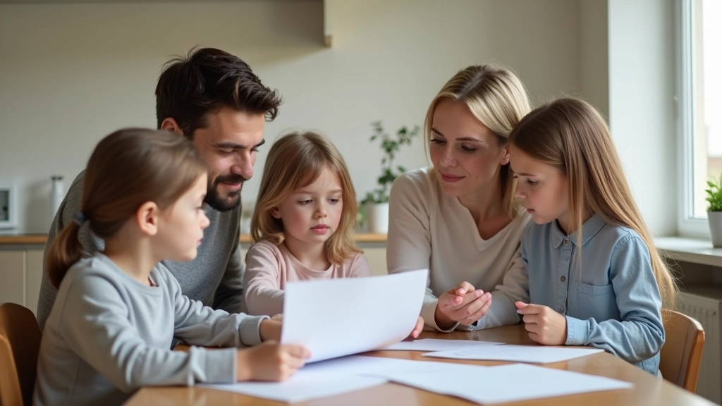 Familie mit Kindern schaut zusammen auf Finanzunterlagen am Esstisch