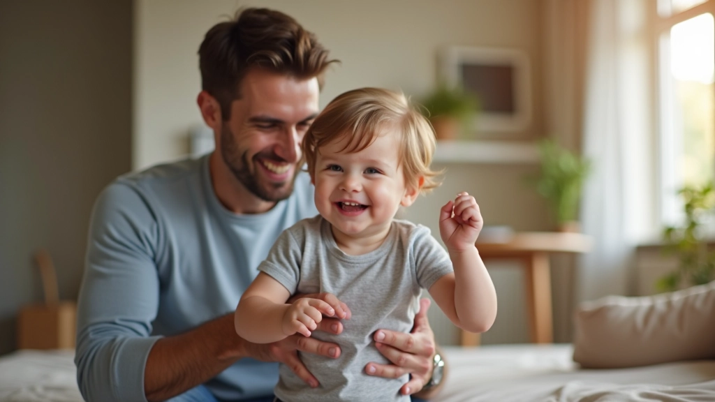 Vater spielt mit Kleinkind zu Hause, beide lachen gemeinsam