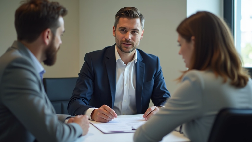 Finanzberater zeigt Familie Berechnungen auf dem Schreibtisch mit Dokumenten