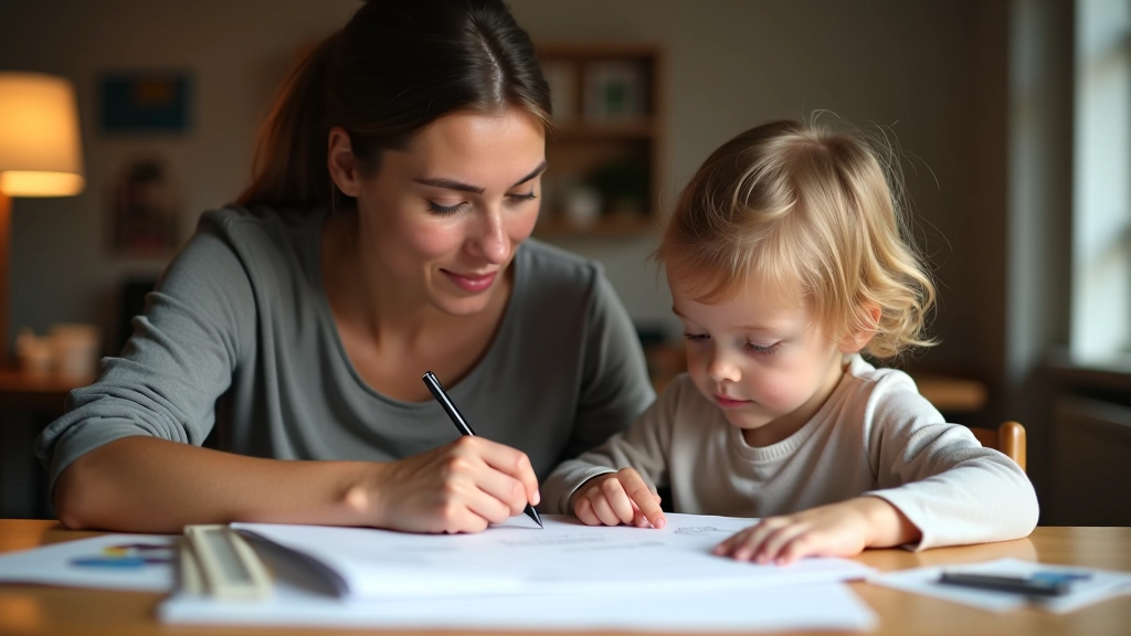 Mutter und Kind mit Dokumenten und Stift, Steuerunterlagen auf dem Tisch, warme Bürobeleuchtung