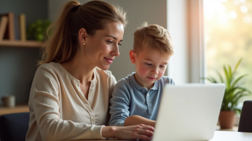 Mutter mit Sohn schaut auf Laptop-Bildschirm, Online-Banking oder Steuersoftware sichtbar