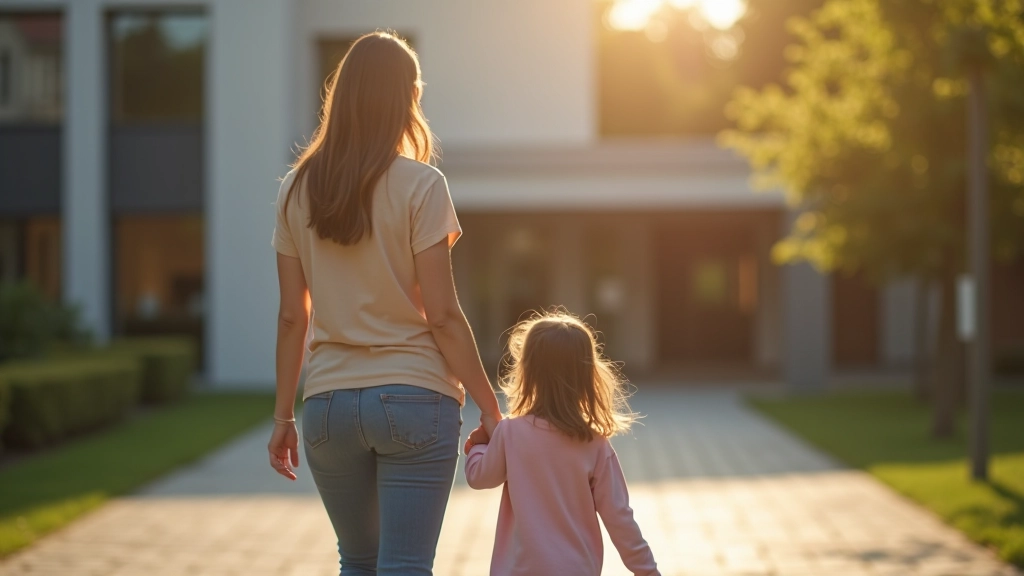 Mutter und Tochter gehen in modernen Kindergarten