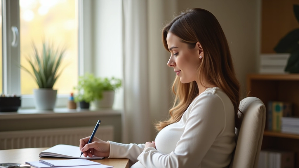 Schwangere Frau notiert Elternzeitphasen in Kalender