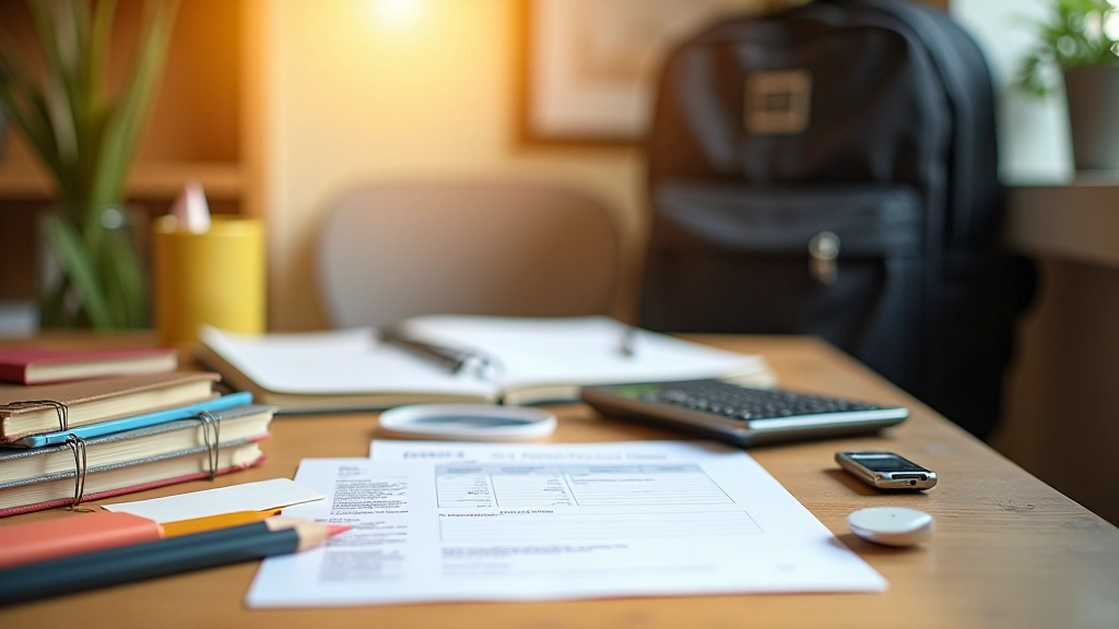 Verschiedene Schulutensilien und Rechnungen auf einem Schreibtisch mit Taschenrechner