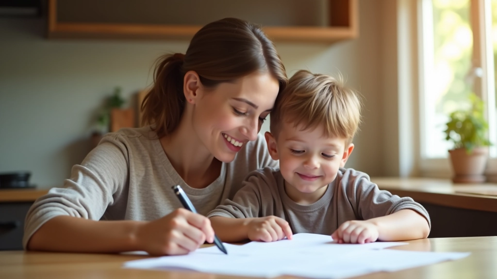 Mutter und Kind füllen gemeinsam Antragsformulare am Küchentisch aus